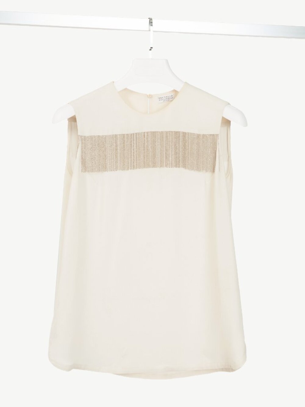 Brunello Cucinelli Cream Silk Crepe-Chiffon Monili-Fringe Tank